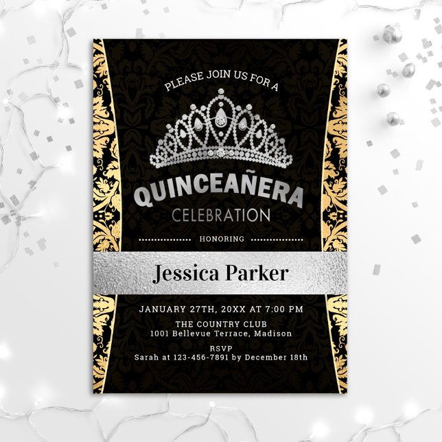 Quinceanera Gold Silver Black Einladung (Von Creator hochgeladen)