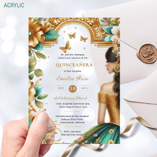 Quinceañera Gold Smarald Green Rose Kleidung Quinc Acryleinladungen