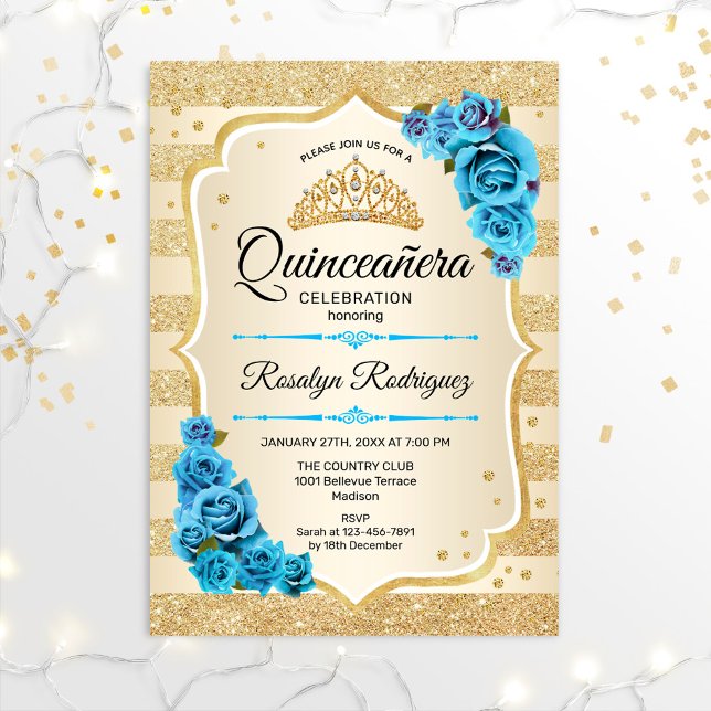 Quinceanera - Gold Streifen Blau Einladung (Von Creator hochgeladen)