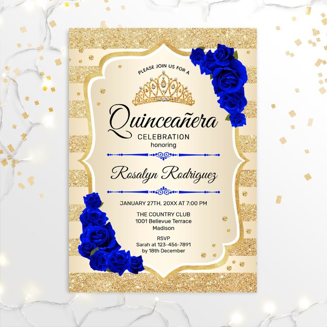 Quinceanera - Gold Streifen Royal Blue Einladung (Von Creator hochgeladen)