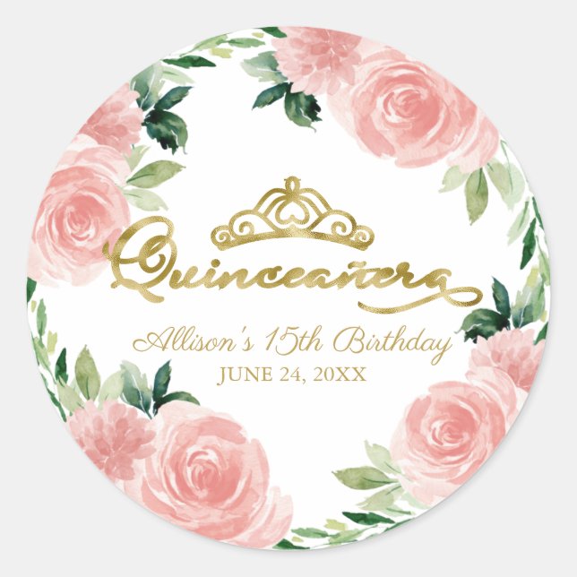 Quinceanera Gold Tiara Blush Pink Blütenklassiker Runder Aufkleber (Vorderseite)