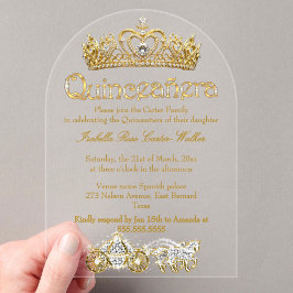 Quinceanera Gold Tiara Diamonds Princess Carriage Acryleinladungen