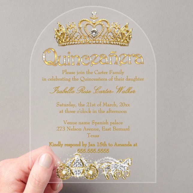 Quinceanera Gold Tiara Diamonds Princess Carriage Acryleinladungen (Von Creator hochgeladen)