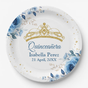 Quinceanera Gold-Tiara Glitter und blaue Blumenmus Pappteller