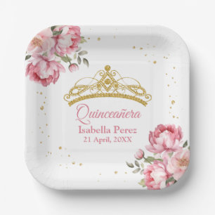 Quinceanera Gold-Tiara Glitter und rosa floral Pappteller