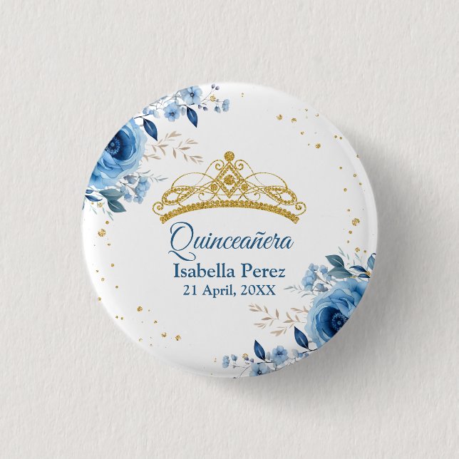 Quinceanera Gold Tiara Glitzer und Blauer Flor Button (Vorderseite)