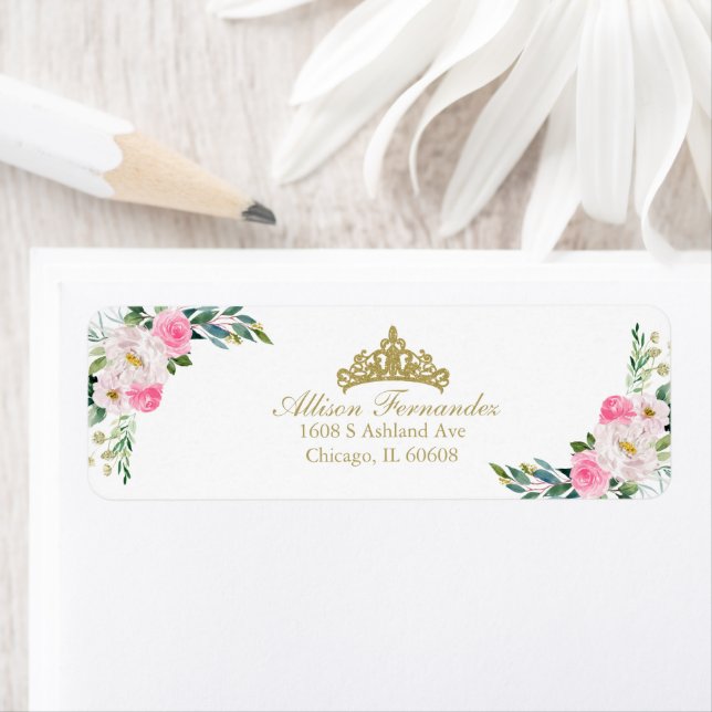 Quinceanera Gold Tiara Hot Pink Floral Label (Insitu)