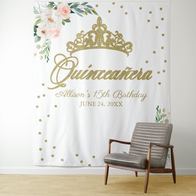 Quinceanera Gold Tiara Pink Flora Hintergrund Wandteppich (Beispiel)