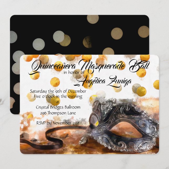 Quinceañera Gold und Black Confetti Masquerade Einladung (Vorne/Hinten)