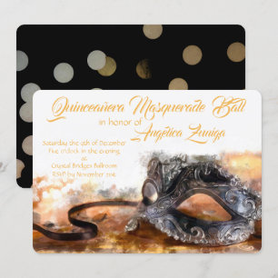 Quinceañera Gold und Black Masquerade Wasserfarbe Einladung