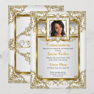 Quinceanera Gold Weiße Perle Damast Foto Geburtsta Einladung