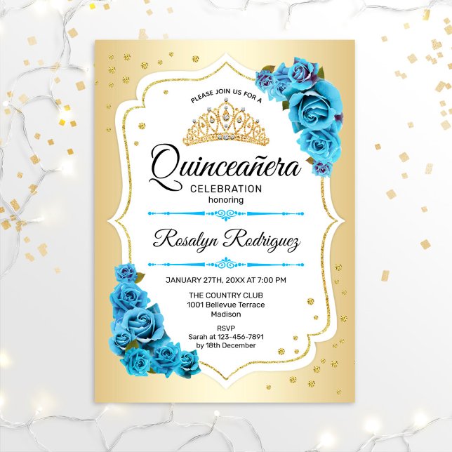 Quinceanera - Gold White Blue Einladung (Von Creator hochgeladen)