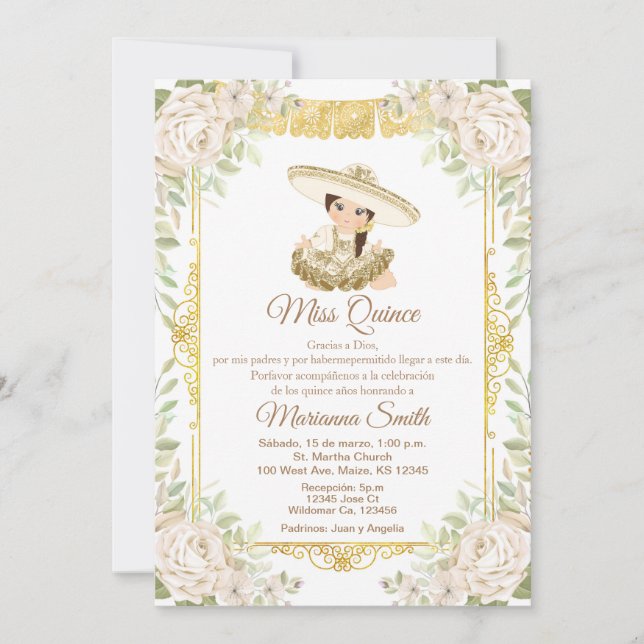 Quinceanera Gold White Roses Fiesta Mis Quince  Einladung (Vorderseite)