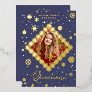 Quinceañera Golden Snowflakes Winter Christmas Folieneinladung