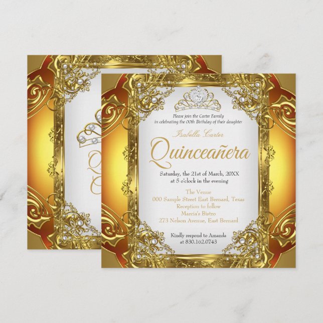 Quinceanera Golden White Pearl Lace Tiara Geburtst Einladung (Vorne/Hinten)