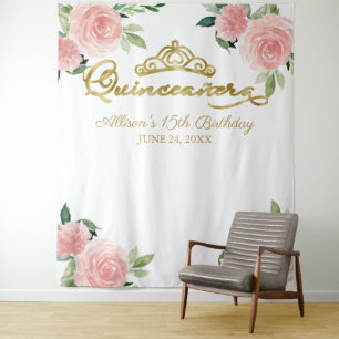 Quinceanera Goldene Foil Tiara Rosa Flora Hintergr Wandteppich