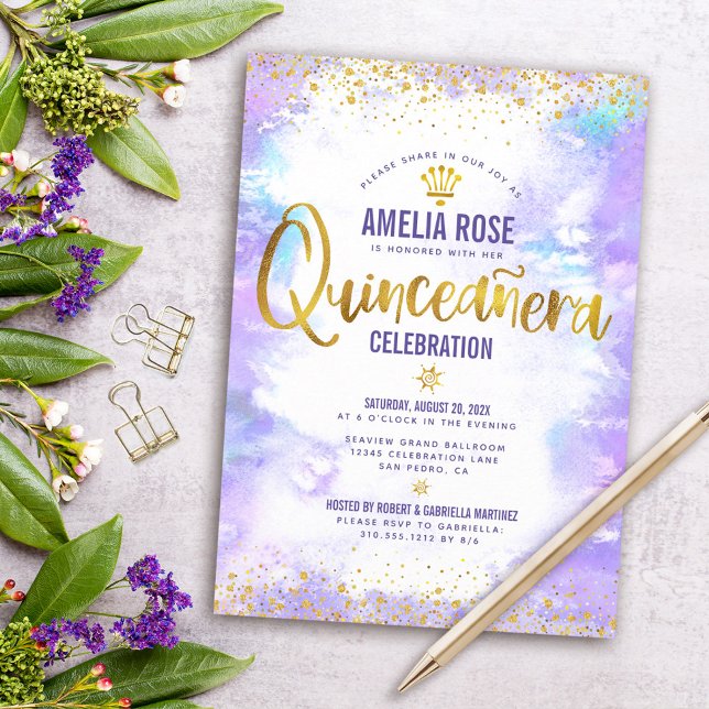 Quinceañera Goldenen Tal Lila Wassersportzentrum Einladung (Von Creator hochgeladen)