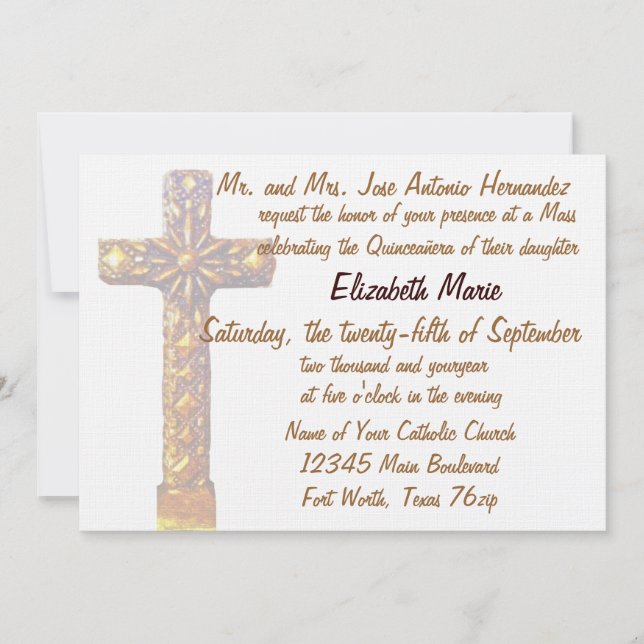 Quinceanera goldenes Kreuz Einladung (Vorderseite)