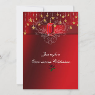 Quinceanera Goldsterne Roter Rubin & Rote Rosen Einladung