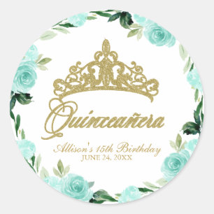 Quinceanera Gott Glitter-Tiara Türkis Blumen Runder Aufkleber