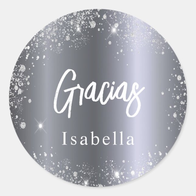Quinceanera gracias silber Glitzer Name Runder Aufkleber (Vorderseite)