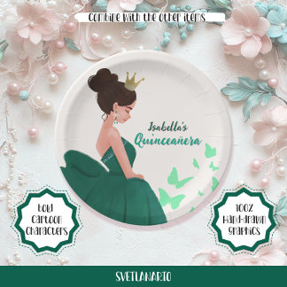 Quinceañera Green Eleganess Princess Paper Plate Pappteller