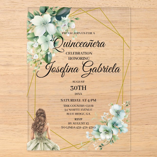 Quinceanera green floral acryleinladungen (Vorderseite)