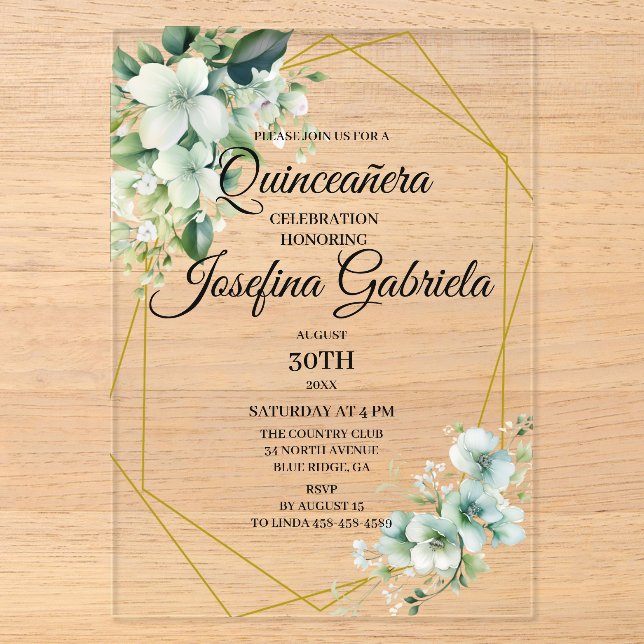 Quinceanera green floral acryleinladungen (Vorderseite)