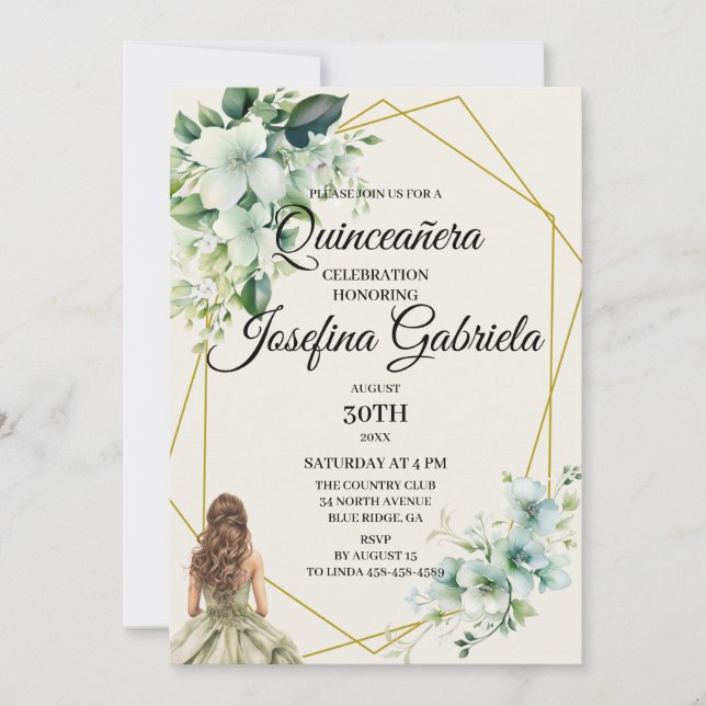Quinceañera green floral Invitation Einladung (Vorderseite)