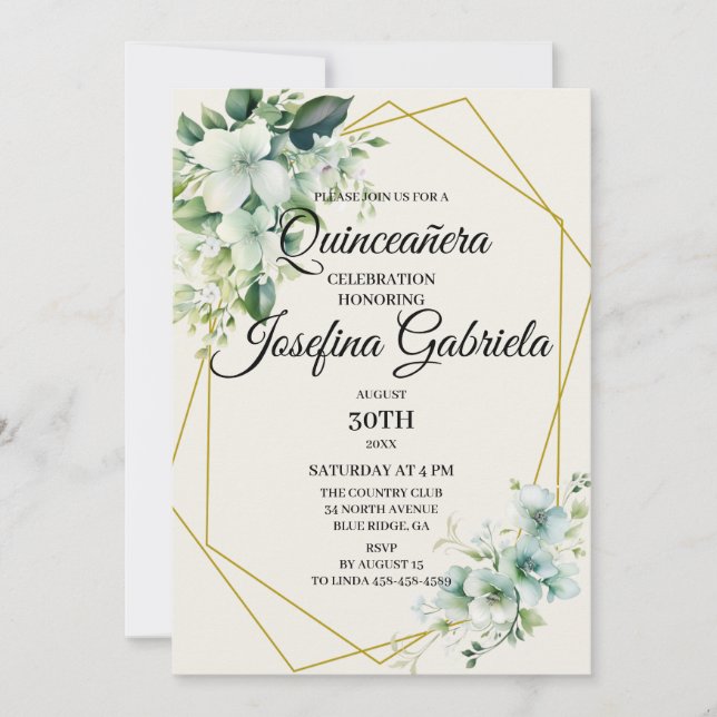 Quinceañera Green floral Invitation Einladung (Vorderseite)