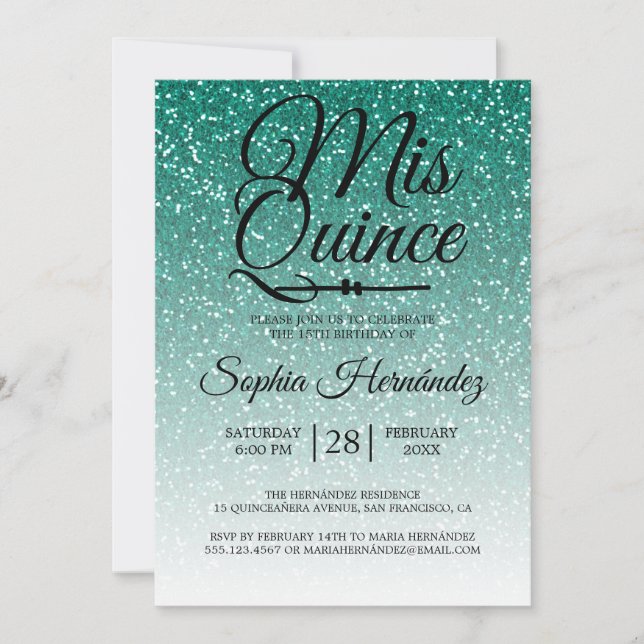 Quinceañera Green Glitzer 15. Geburtstag Einladung (Vorderseite)