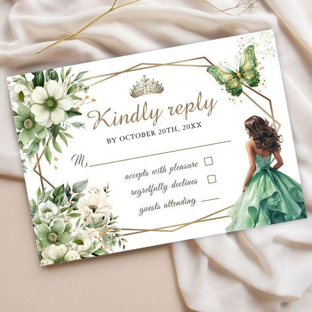 Quinceañera Green Gold Tiara Floral Butterfly Rsvp (Créateur téléchargé)