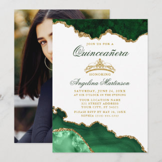 Quinceanera Green Marble Gold Crown Foto Einladung