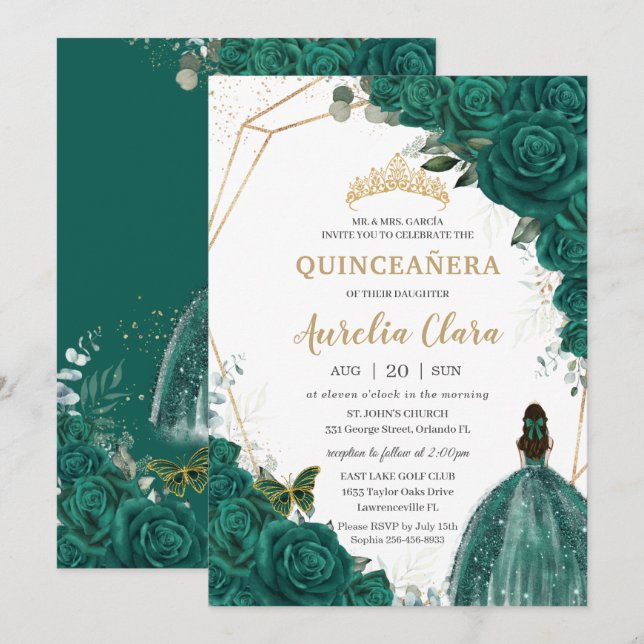 Quinceañera Green Rose Blumengold Princess Crown Einladung (Vorne/Hinten)