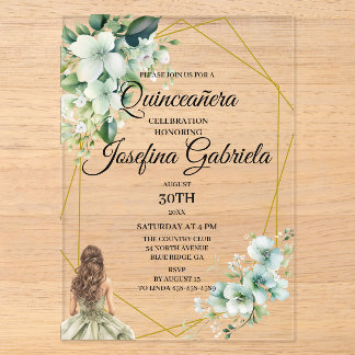 Quinceanera grüne Blumen Acryleinladungen