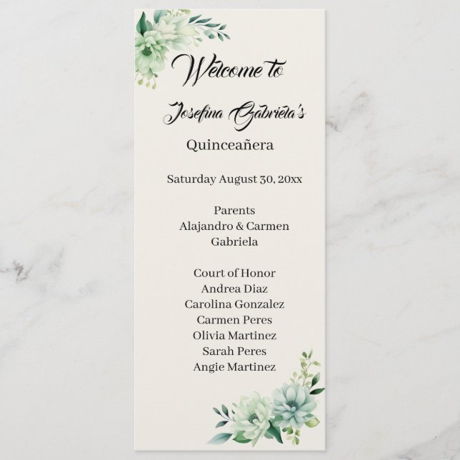 Quinceanera grüne florale doppelseitige Programmka Programm (Vorderseite)