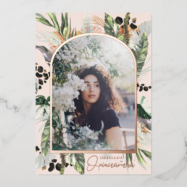 Quinceañera | Grünpflanzen & Terra Cotta Jungle Folieneinladung (Vorderseite)