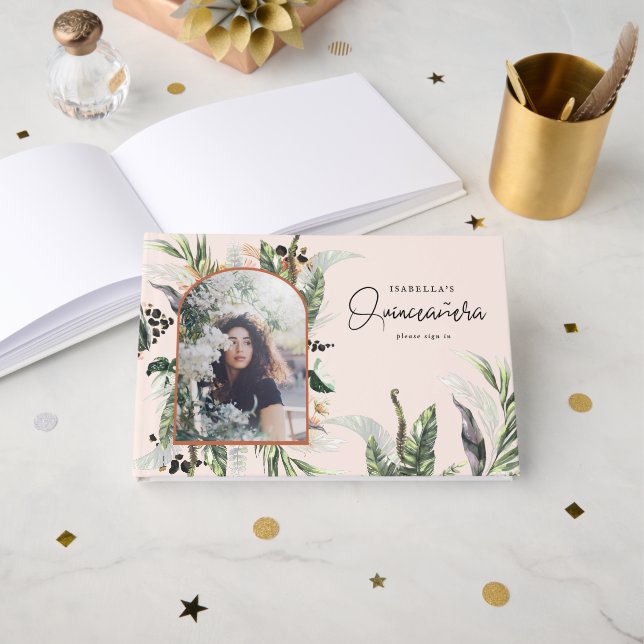 Quinceañera | Grünpflanzen & Terra Cotta Jungle Gästebuch (Vorderseite Offen)