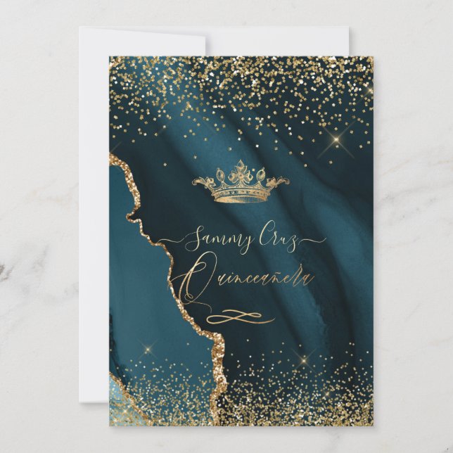 Quinceanera H2 Aquamarin Agate Imitats Goldstaub Einladung (Vorderseite)