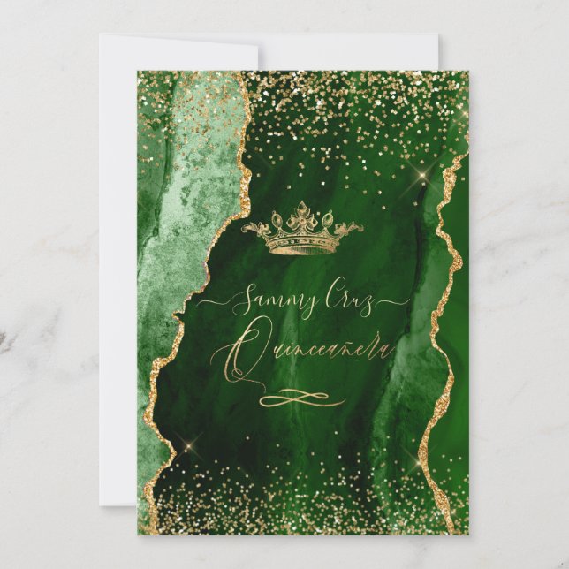 Quinceanera H2 Emerald Green Agate Imitats Goldsta Einladung (Vorderseite)