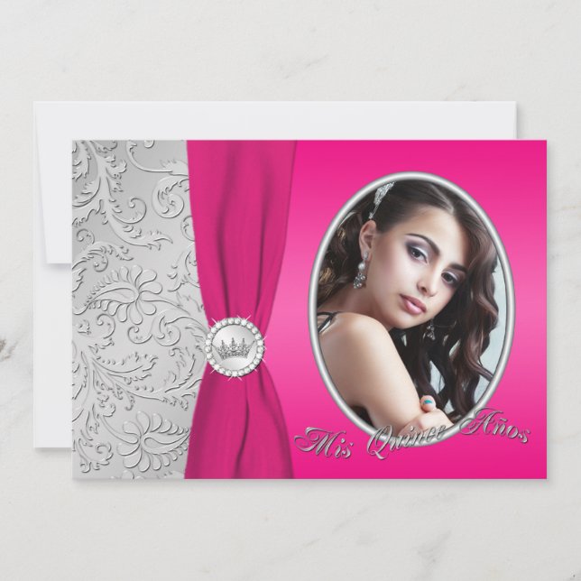 Quinceanera| Heiß rosa und Silber| Foto Einladung (Vorderseite)