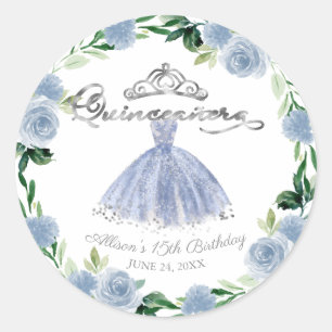 Quinceanera Hellblauer Silberner Kleid Blumen Runder Aufkleber