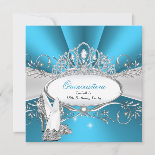 QUINCEANERA High Heels Blue Diamond Tiara Einladung (Vorderseite)