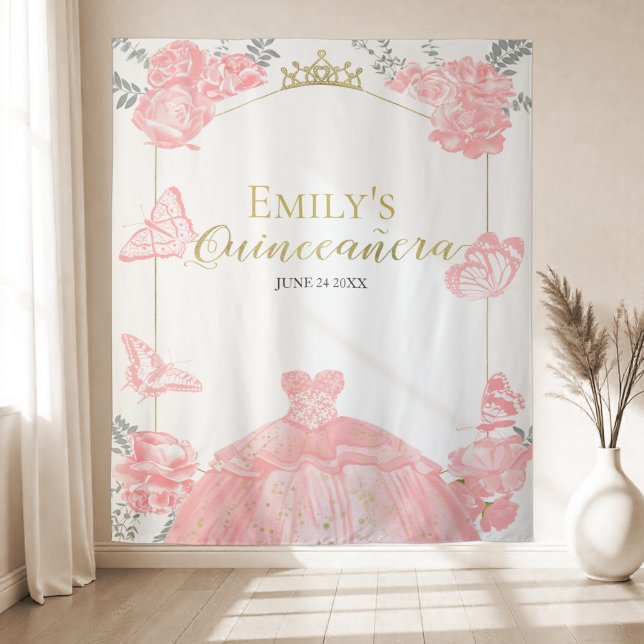 Quinceanera Hintergrund Rosa Kleid Floral Gold Foi Wandteppich (Von Creator hochgeladen)