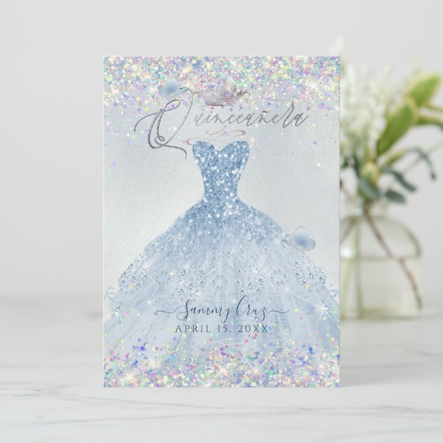 Quinceanera Holographic Confetti Dusty Blue Dress Einladung (Stehend Vorderseite)