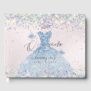 Quinceanera Holographic Confetti Dusty Blue Dress Gästebuch