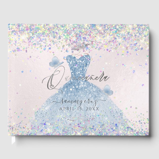 Quinceanera Holographic Confetti Dusty Blue Dress Gästebuch (Vorderseite)