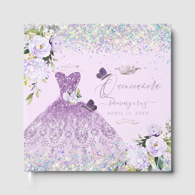 Quinceanera Holographic Confetti Dusty Lila Gästebuch (Vorderseite)