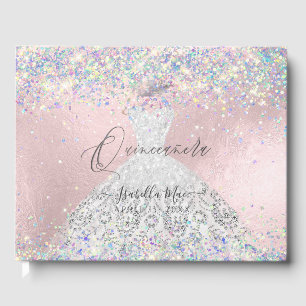 Quinceanera Holographic Confetti White Silver Gästebuch