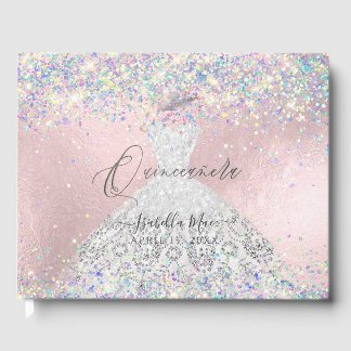 Quinceanera Holographic Confetti White Silver Gästebuch